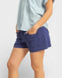 Person wearing blue shorts and a light blue shirt on a white background