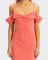 Coral off-shoulder dress on a white background