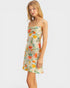 Woman wearing a floral dress on a white background