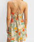 Back view of a floral dress with colorful flowers on a plain background