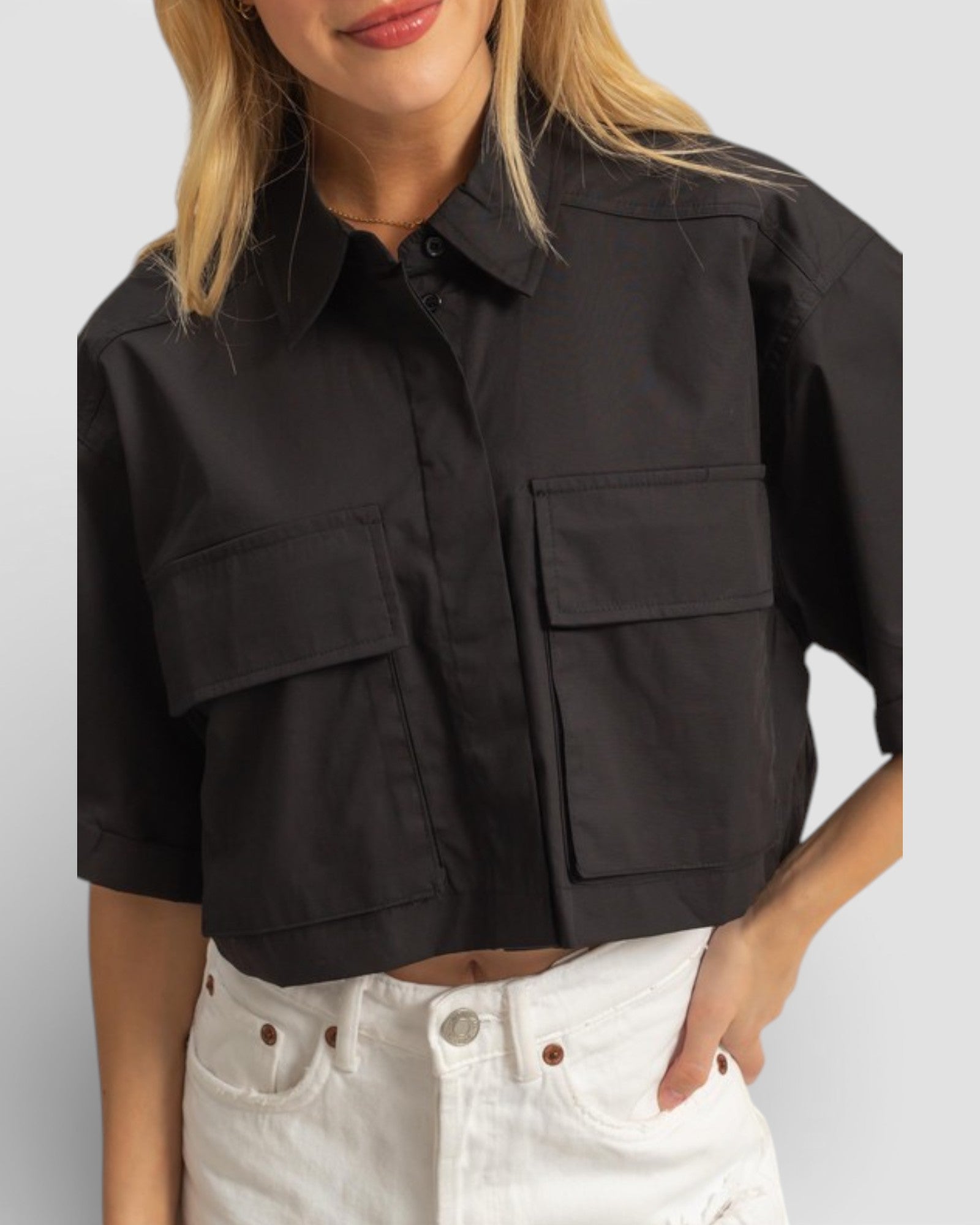 Black Utility Pocket Cropped Button Shirt
