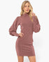 A woman modeling a long-sleeve, bodycon mini dress in a heathered dusty rose color against a plain white background.