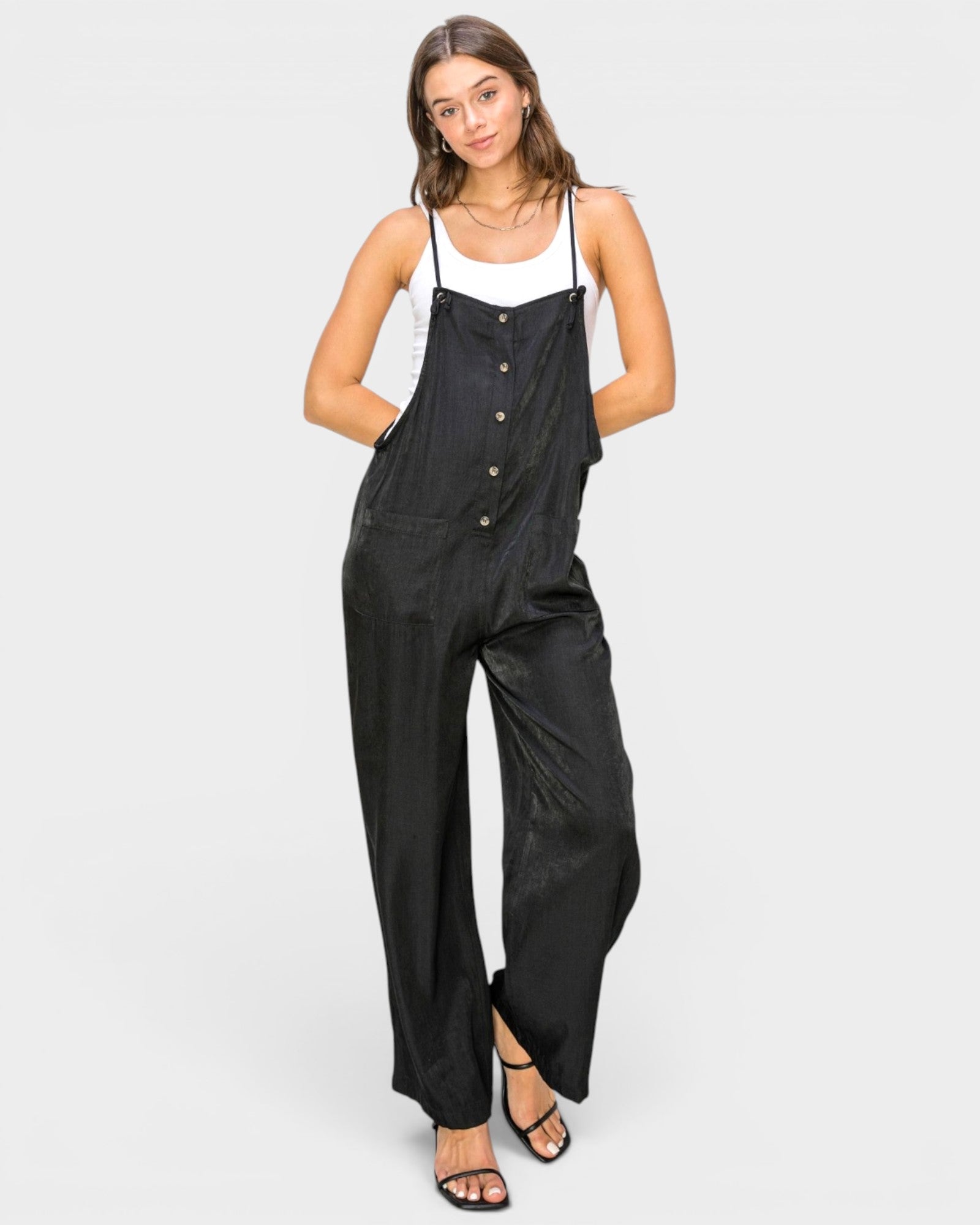 Black Button Front Wide Leg Jumpsuit