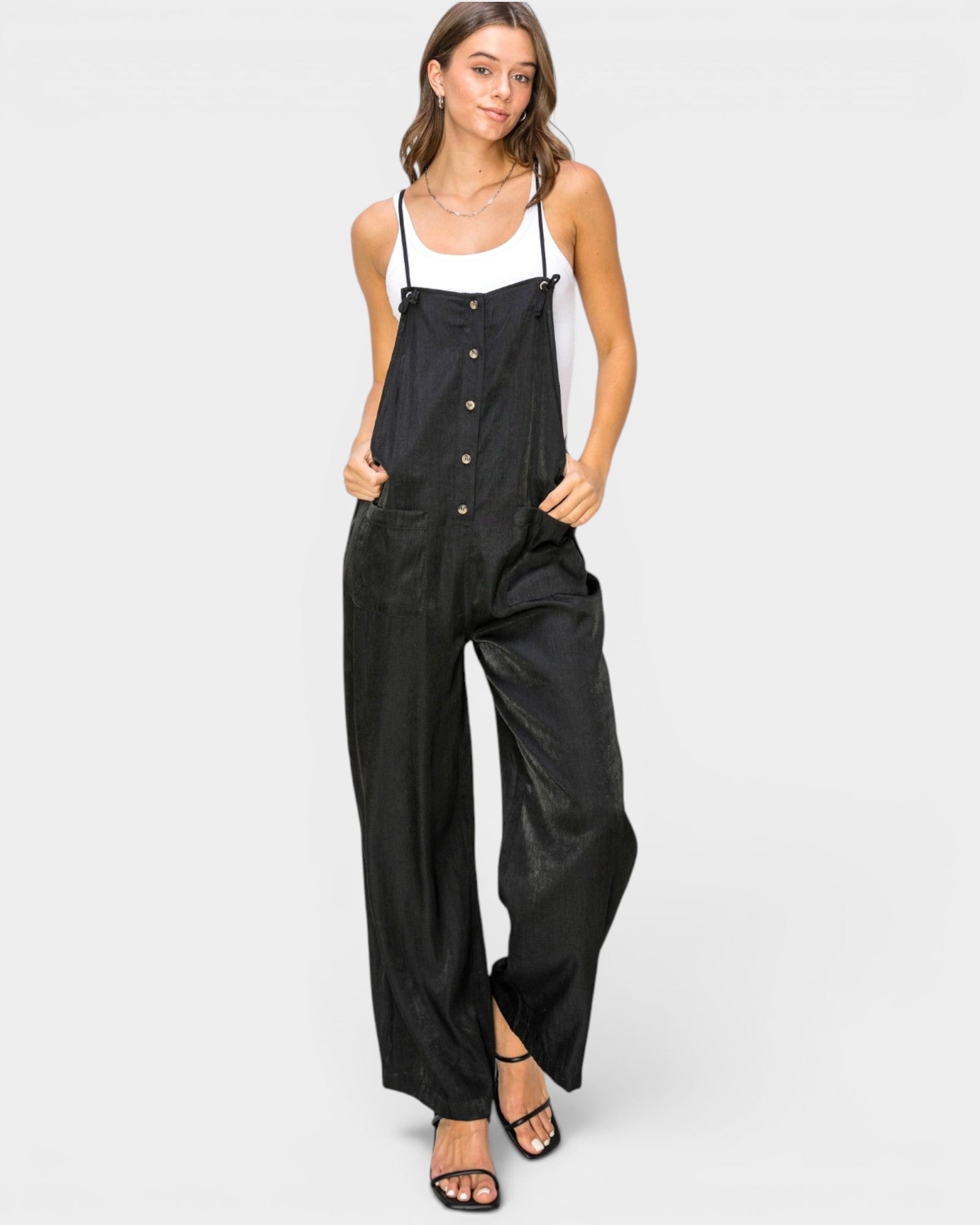 Black Button Front Wide Leg Jumpsuit