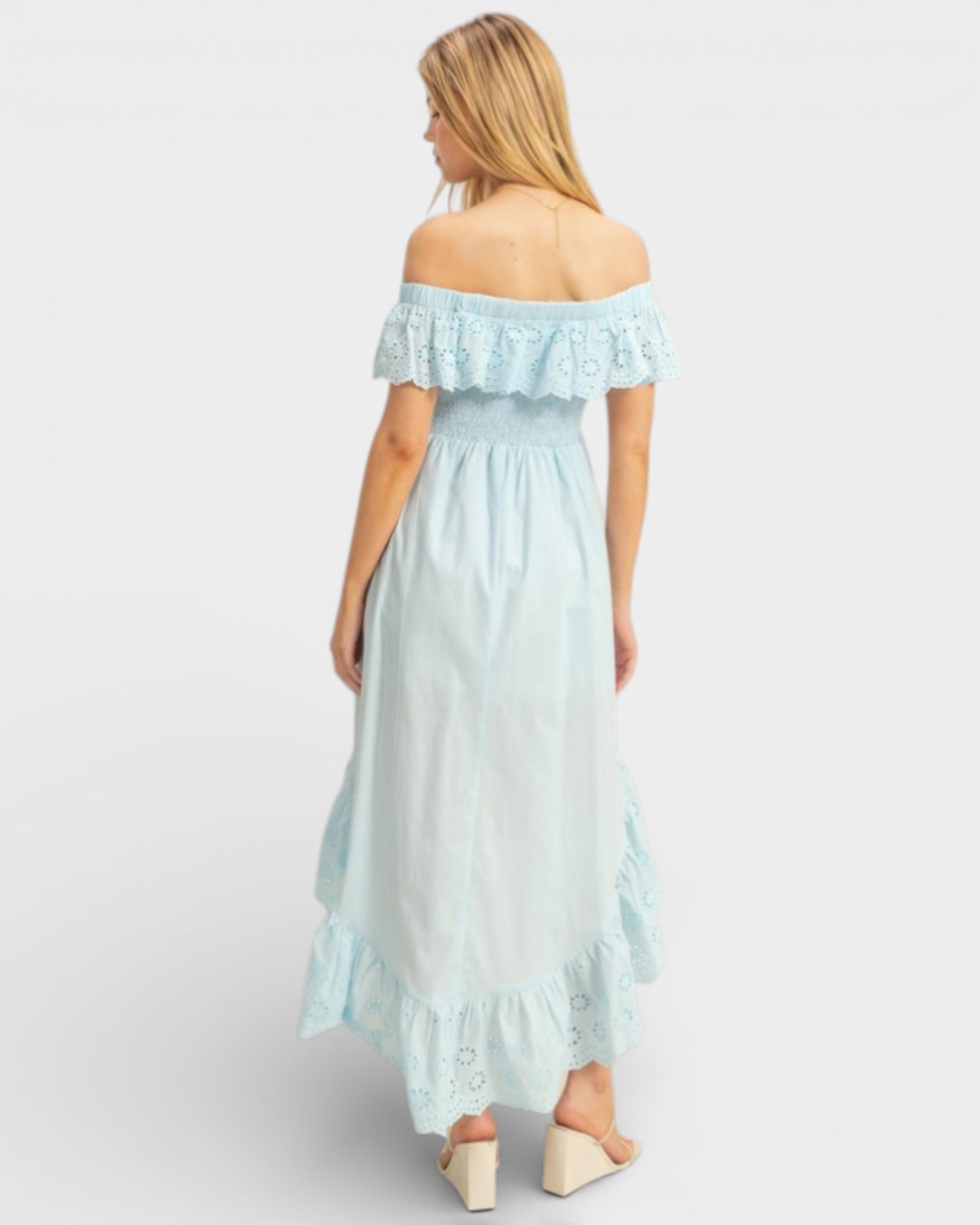 Sky Blue Eyelet Off Shoulder High Low Dress