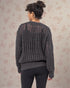 Person wearing a gray knit sweater with a floral patterned background