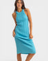 Woman wearing a blue dress on a white background