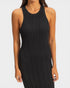 Black ribbed sleeveless dress worn by a model on a white background
