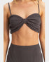 Dark gray bikini top with a knot detail on a neutral background