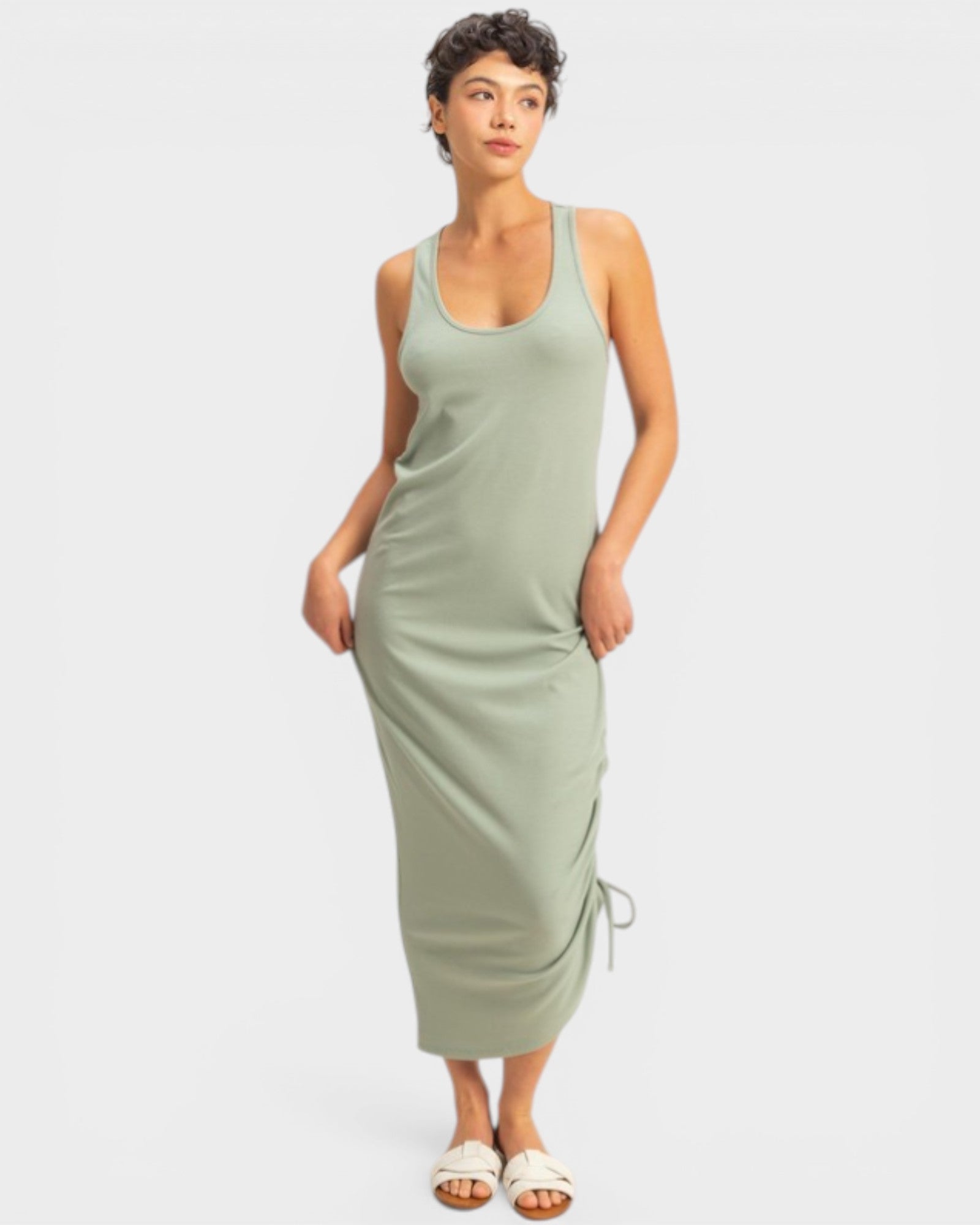 Sage Twist Back Ruched Midi Dress
