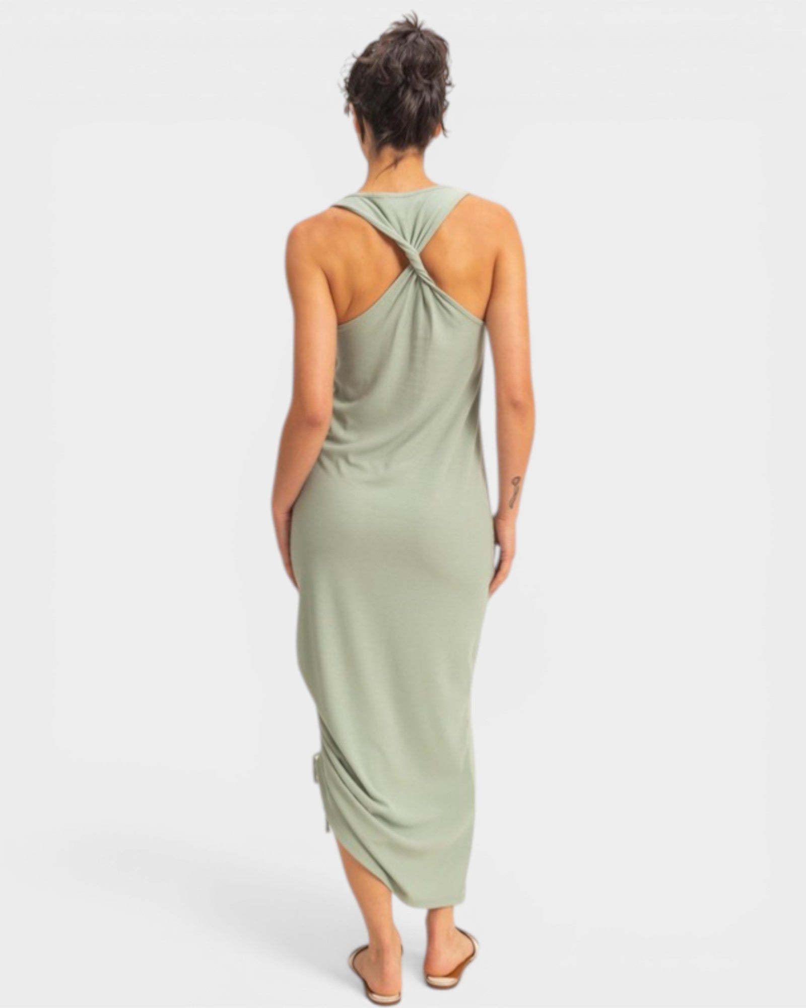 Sage Twist Back Ruched Midi Dress