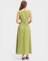 Woman wearing a green dress on a white background