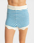 White and blue striped shorts on a plain background