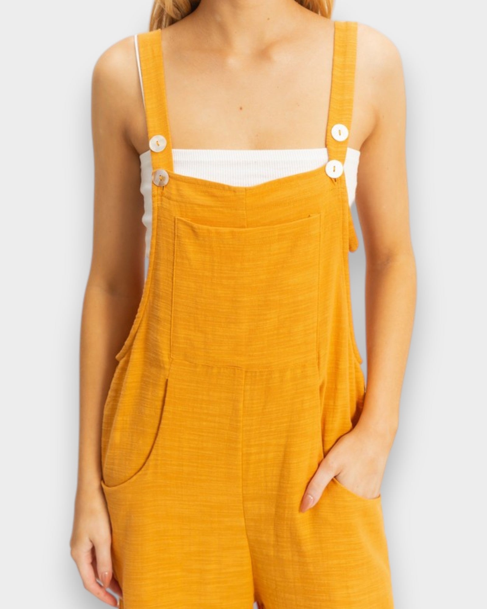 Yellow overalls worn by a person on a plain background