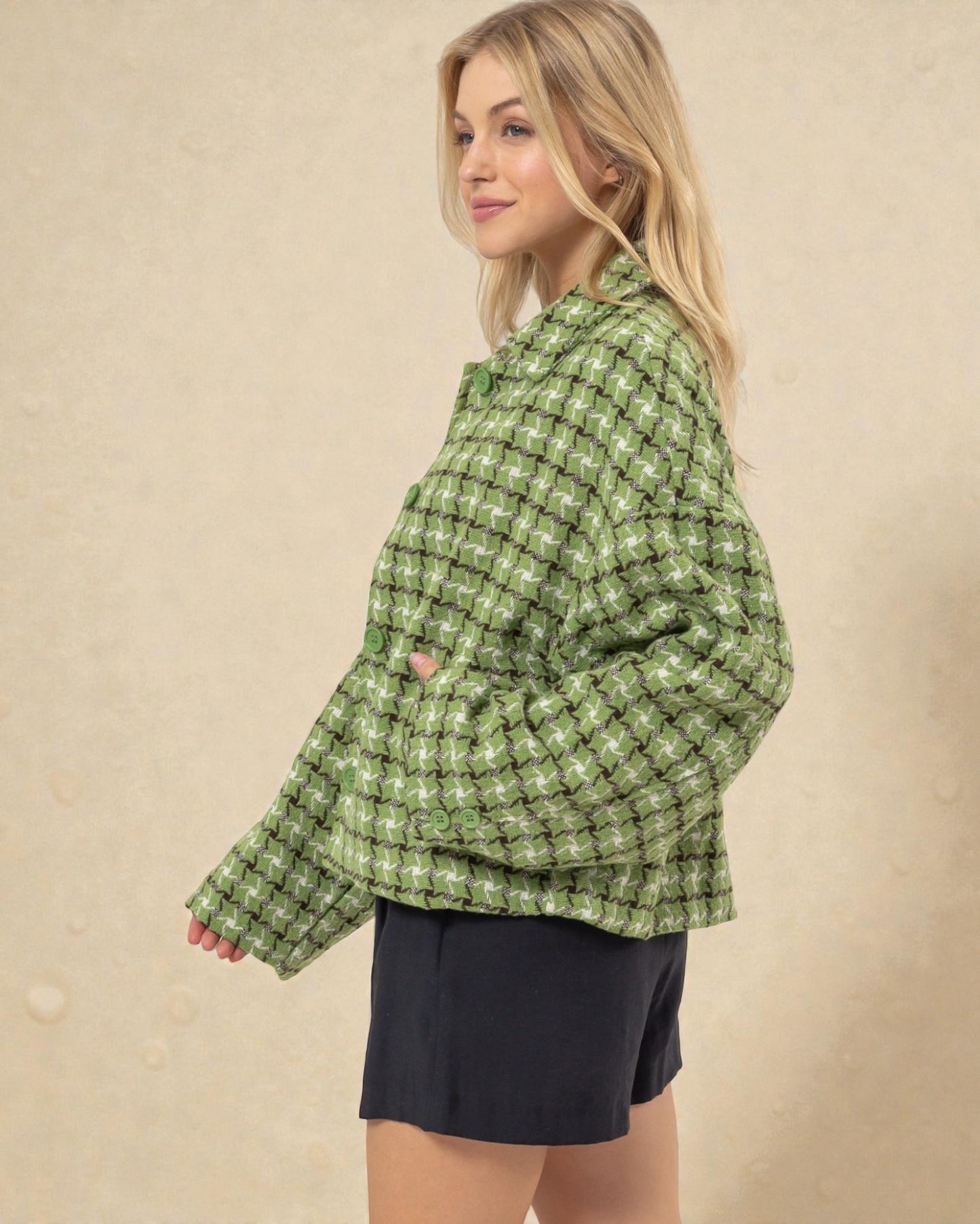 Veste boutonnée à carreaux en tweed vert