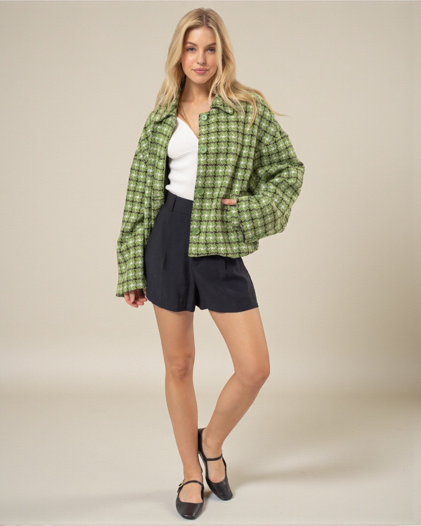 Veste boutonnée à carreaux en tweed vert