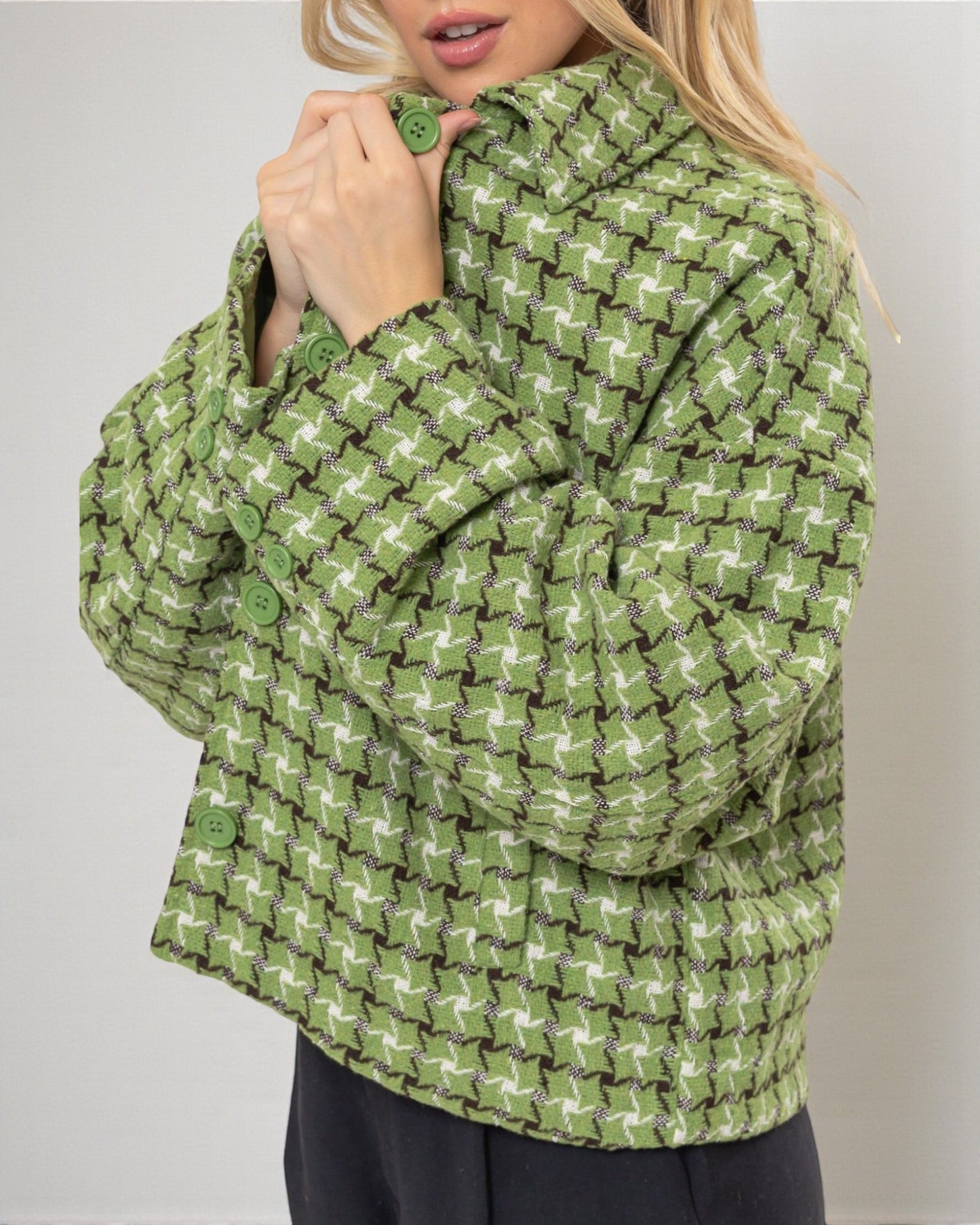 Veste boutonnée à carreaux en tweed vert