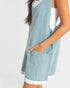 Light blue sleeveless dress worn by a person on a white background