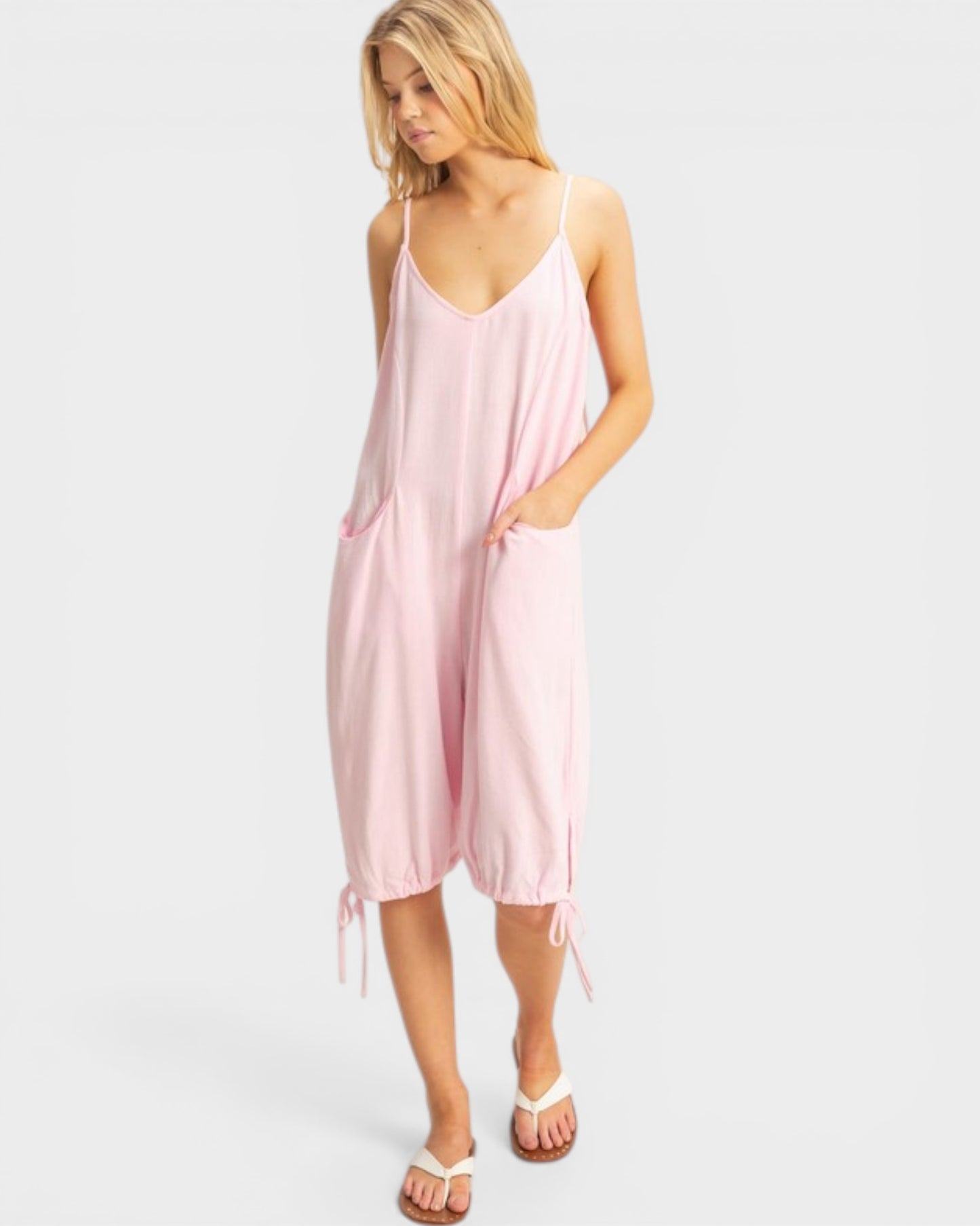 Light Pink Linen Blend Tie Strap Jumpsuit