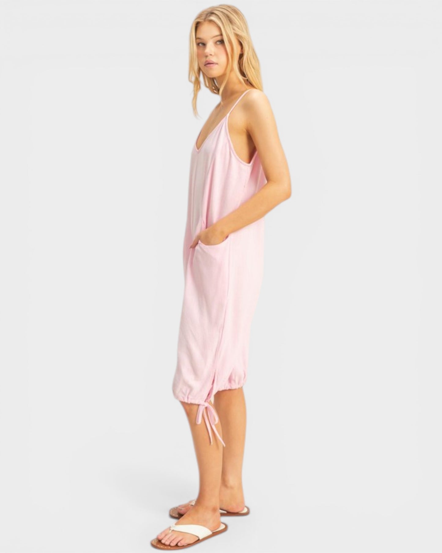 Light Pink Linen Blend Tie Strap Jumpsuit