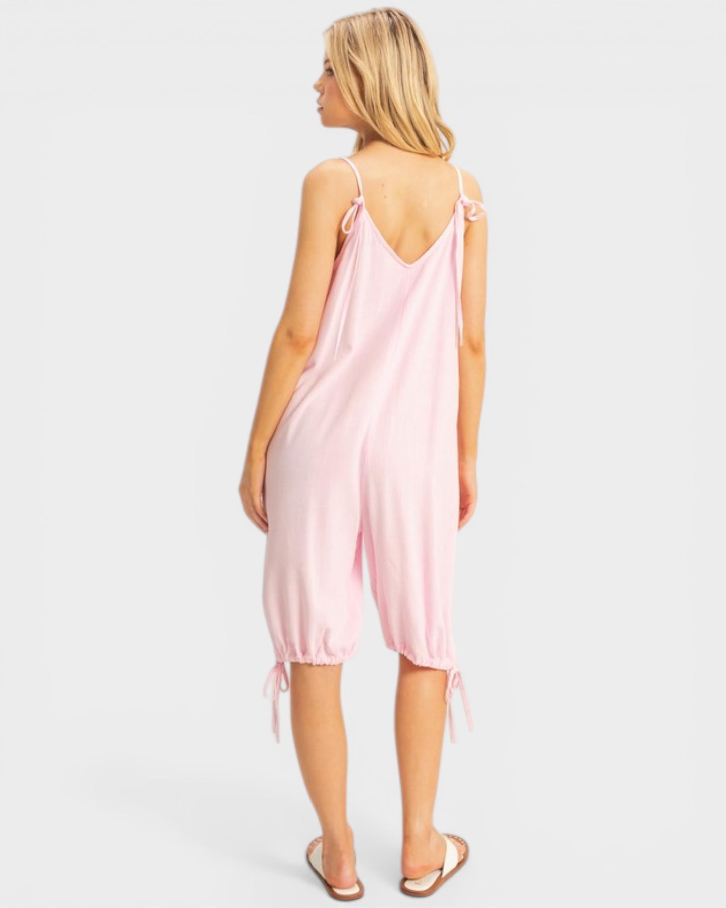 Light Pink Linen Blend Tie Strap Jumpsuit