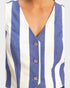 Blue and white striped sleeveless top with buttons on a plain background