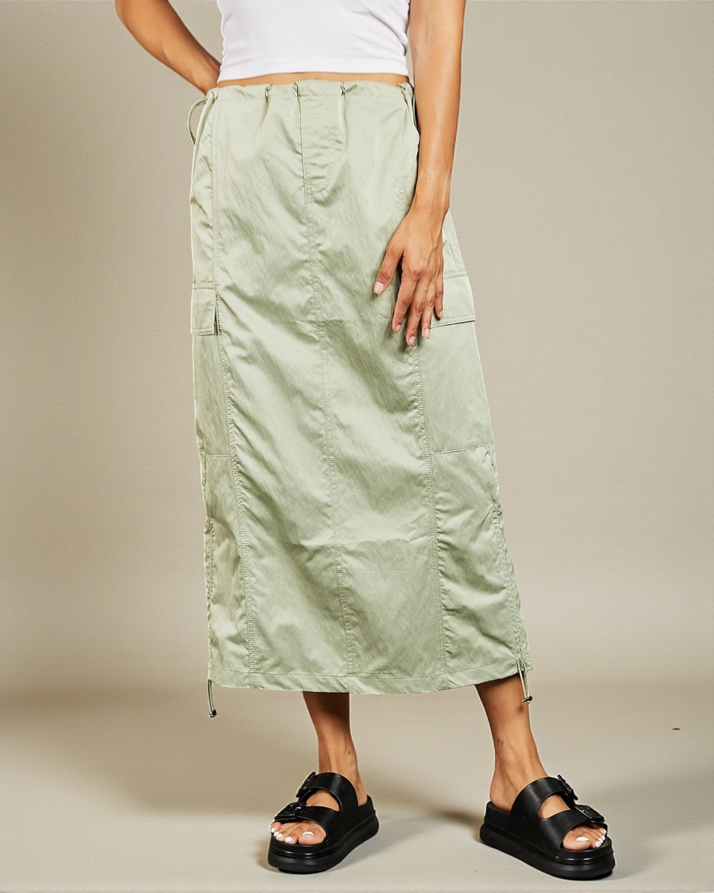 Sage Green Drawstring Cargo Maxi Skirt