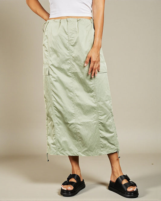 Sage Green Drawstring Cargo Maxi Skirt