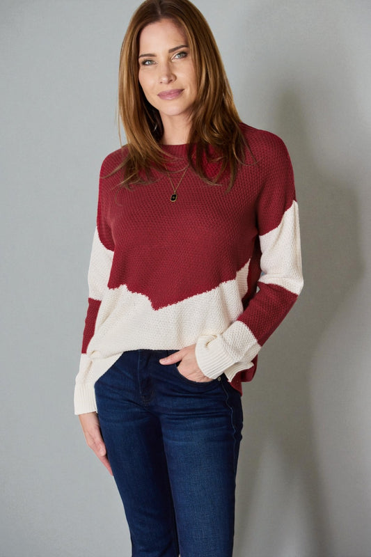 Wine & Cream Chevron Colorblock Knit Sweater