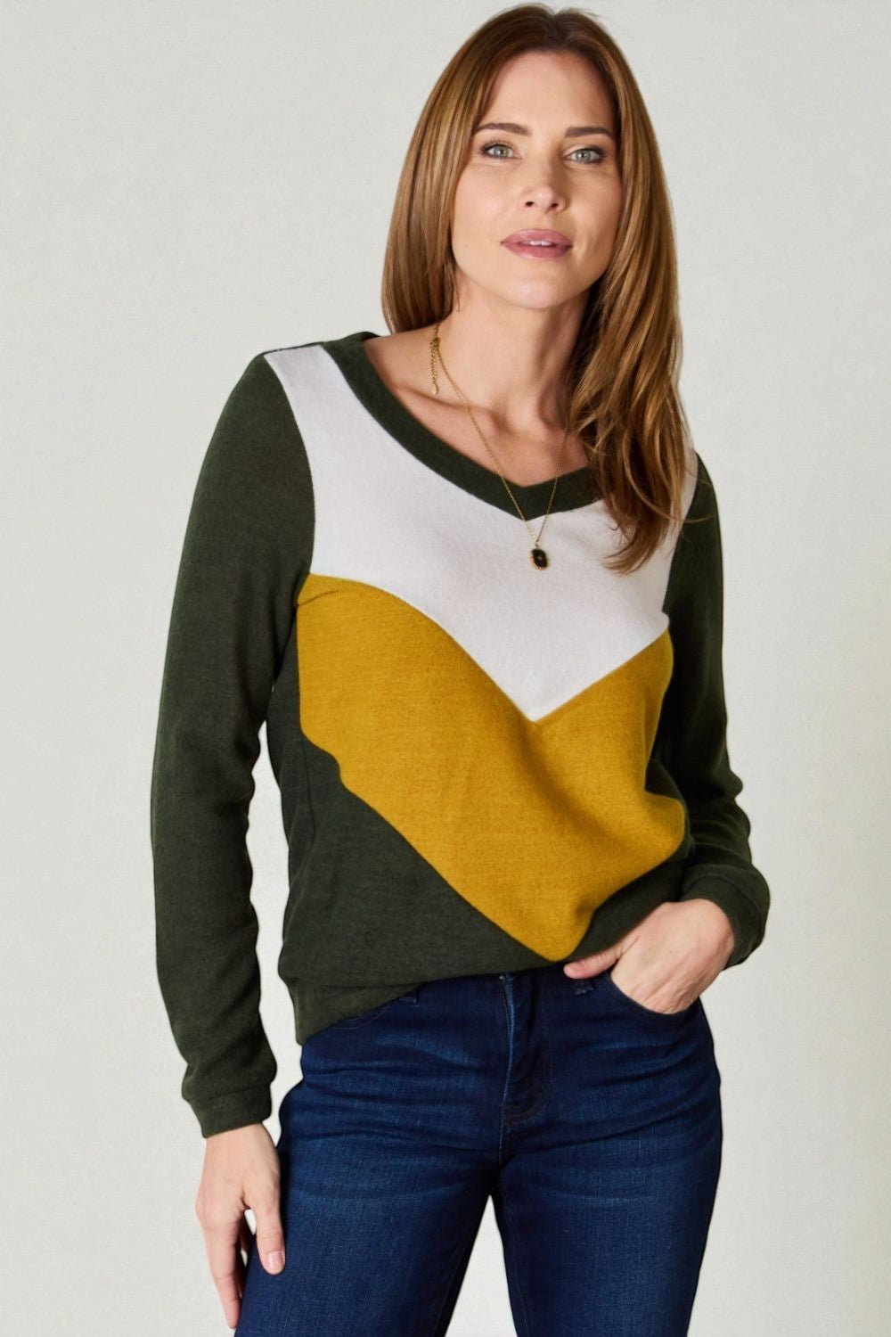 Olive, Mustard & Ivory Chevron Colorblock Knit Sweater