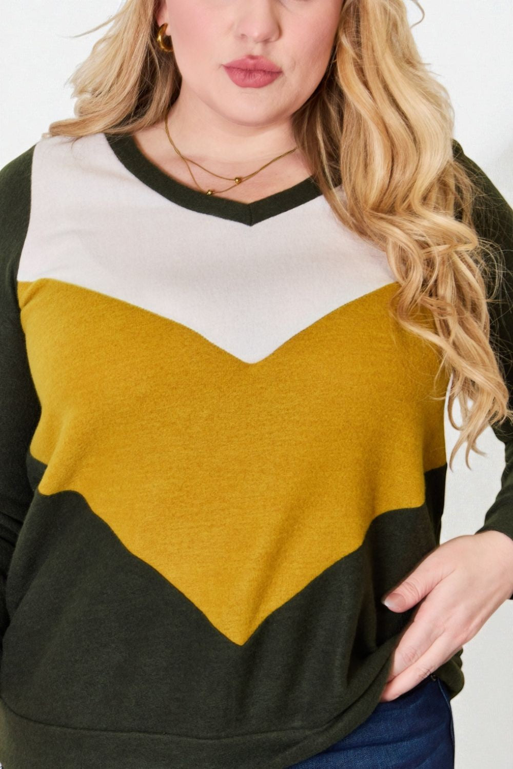 Olive, Mustard & Ivory Chevron Colorblock Knit Sweater