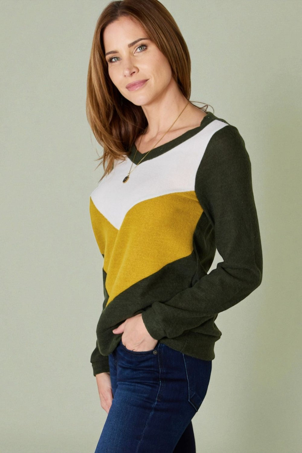 Olive, Mustard & Ivory Chevron Colorblock Knit Sweater