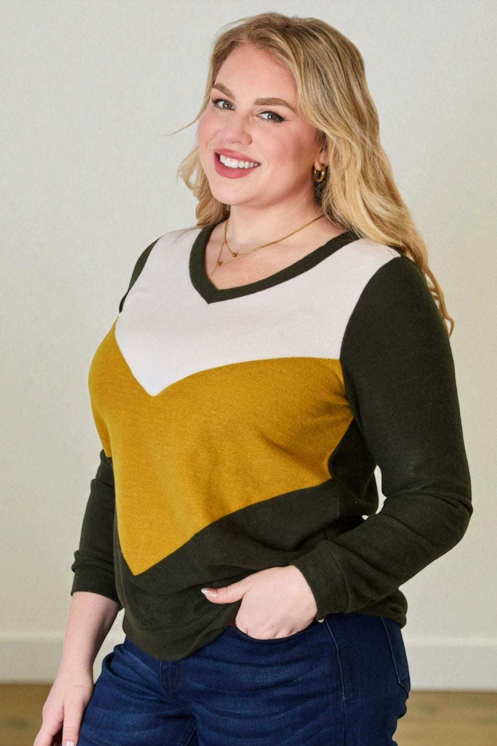 Olive, Mustard & Ivory Chevron Colorblock Knit Sweater