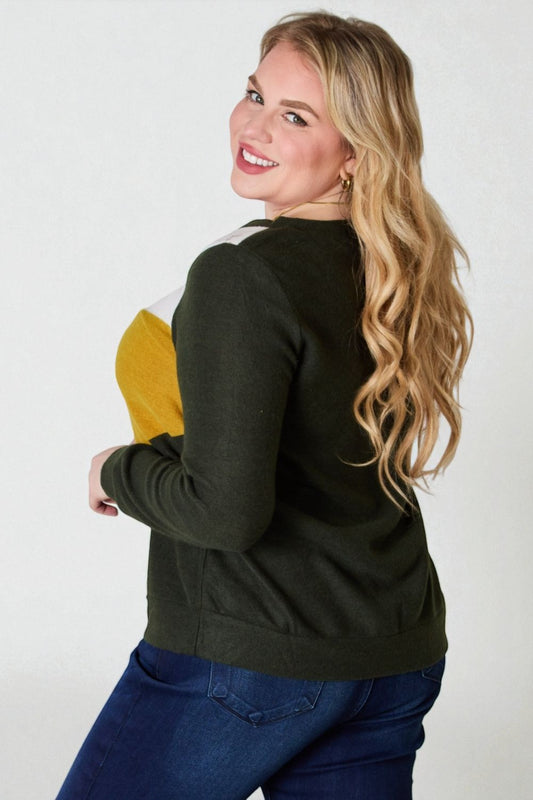 Olive, Mustard & Ivory Chevron Colorblock Knit Sweater