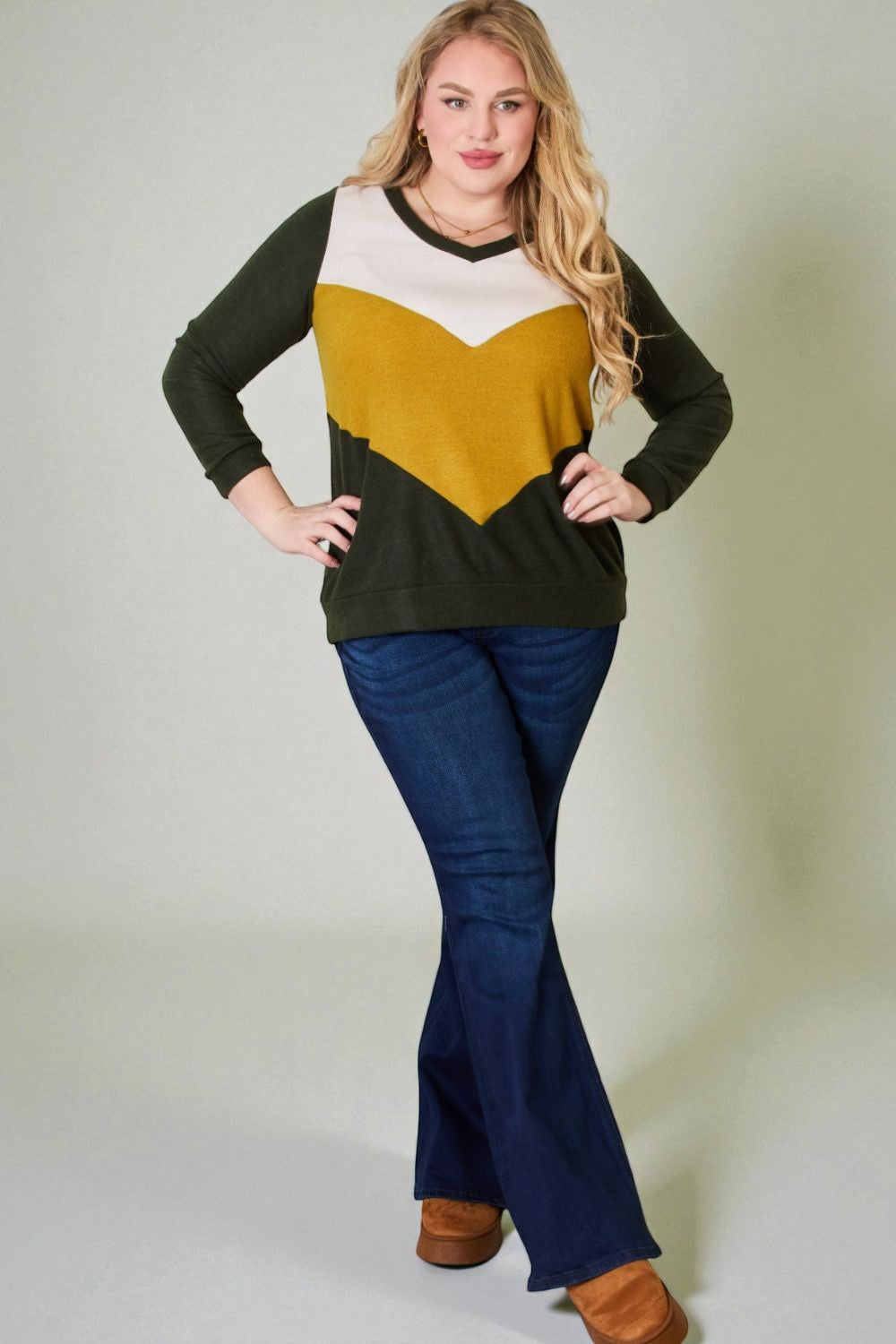 Olive, Mustard & Ivory Chevron Colorblock Knit Sweater
