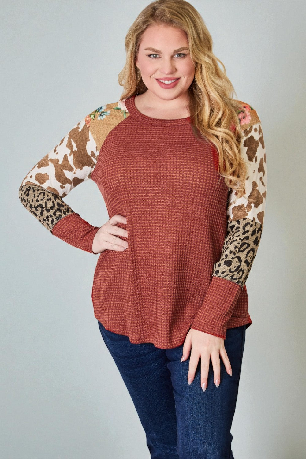 Rust Multi-Print Patchwork Waffle Knit Top