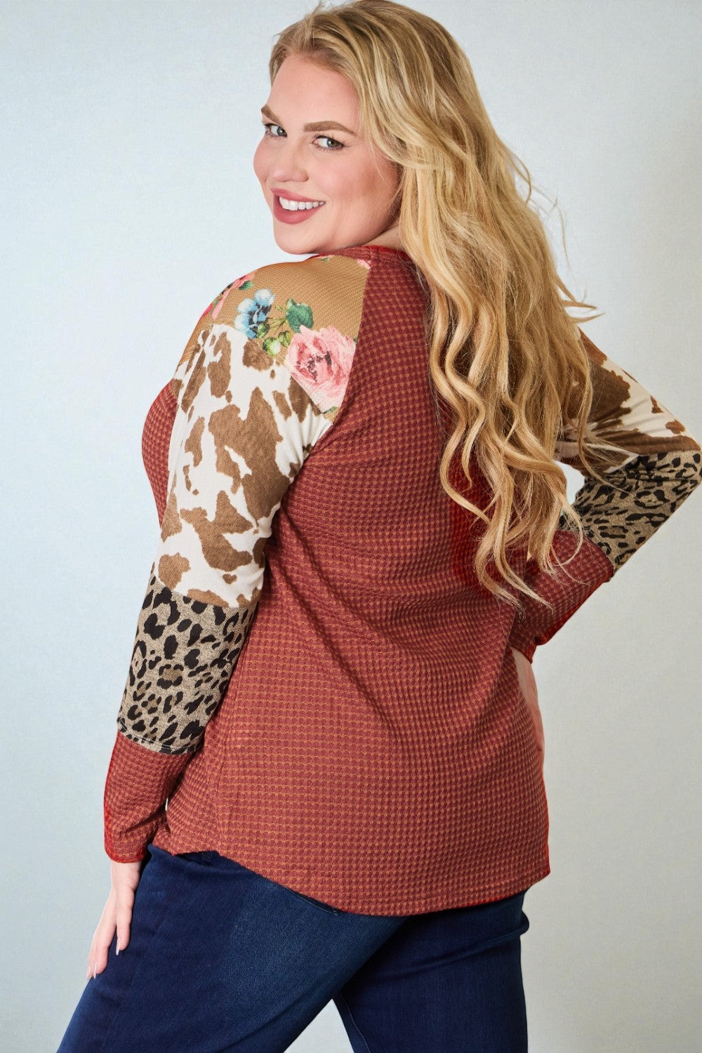 Rust Multi-Print Patchwork Waffle Knit Top