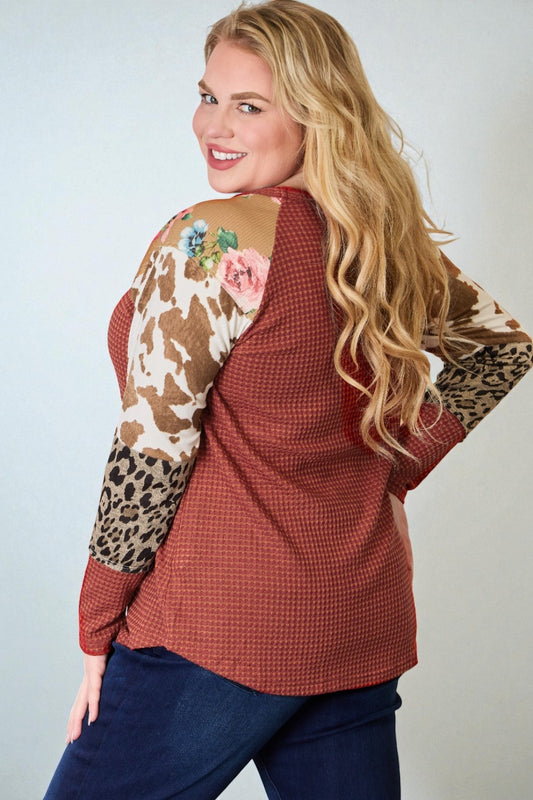 Rust Multi-Print Patchwork Waffle Knit Top