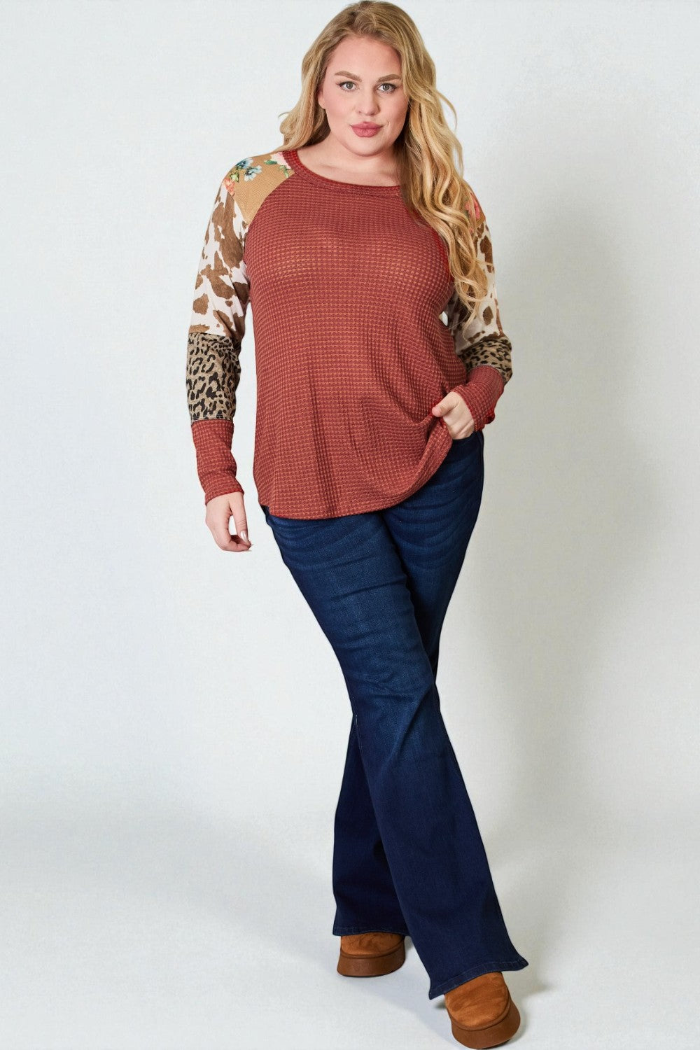 Rust Multi-Print Patchwork Waffle Knit Top