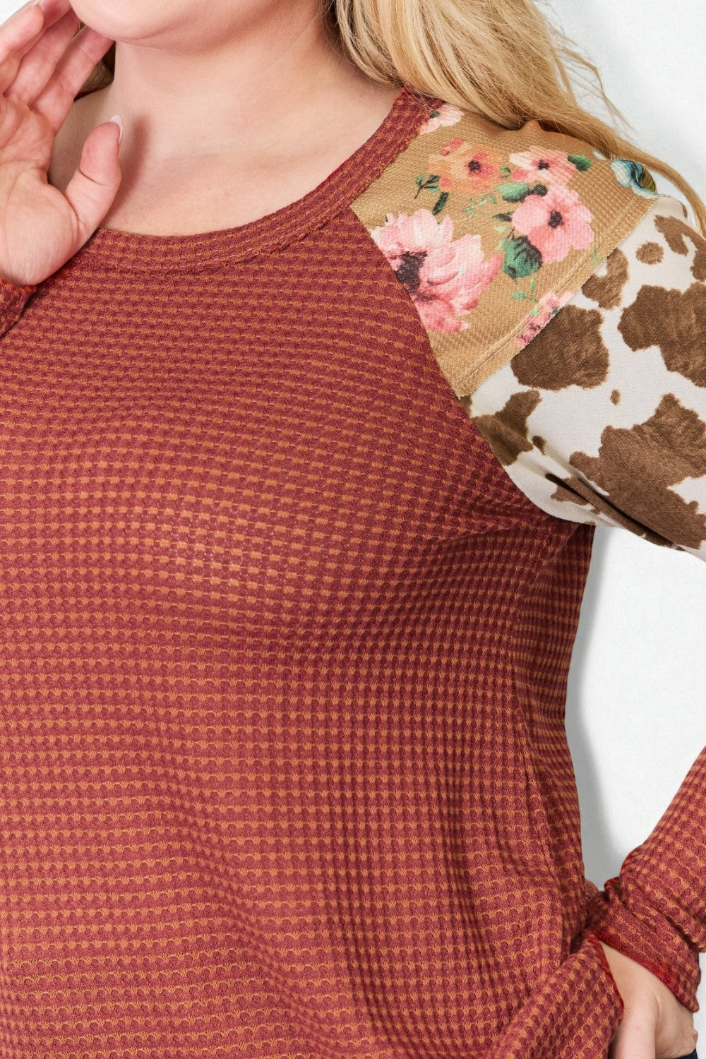 Rust Multi-Print Patchwork Waffle Knit Top