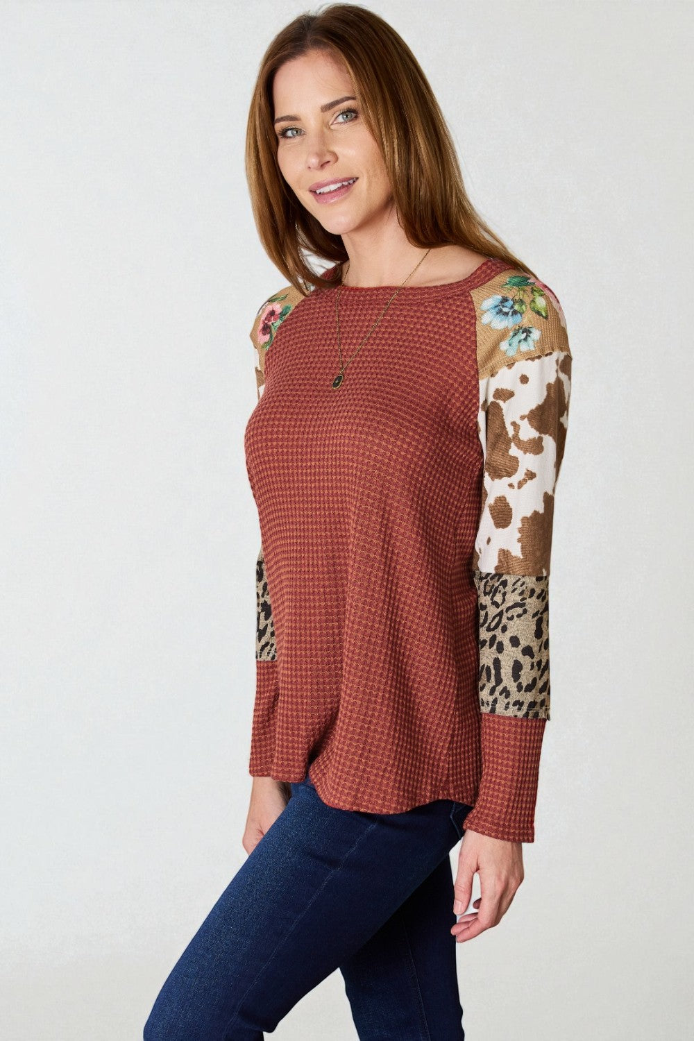 Rust Multi-Print Patchwork Waffle Knit Top