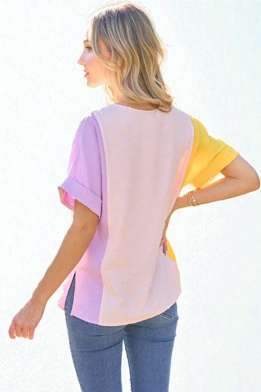 Yellow & Lilac Colorblock Textured Pocket Top