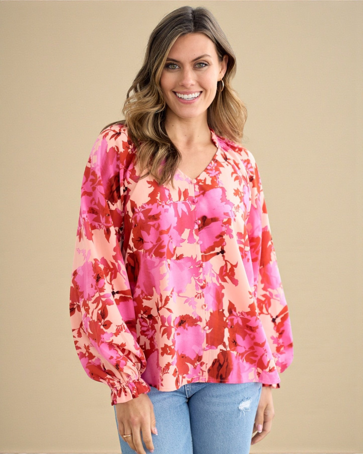Pink & Coral Floral Button-Front Blouse