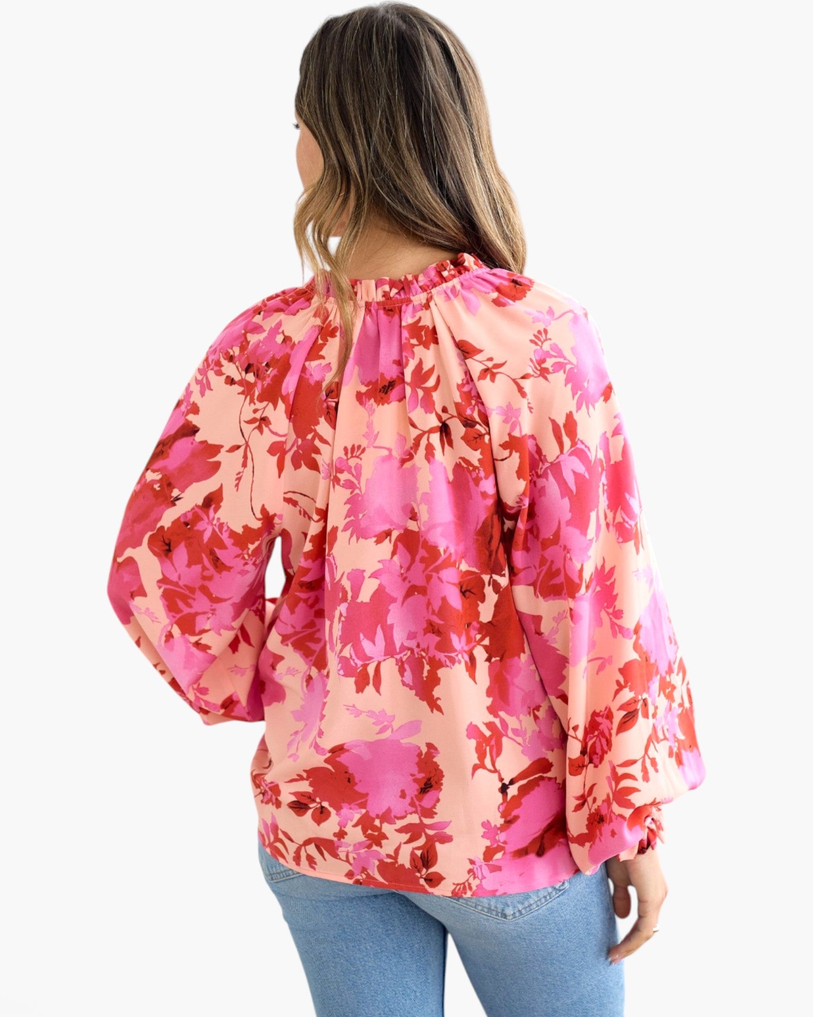 Pink Floral Balloon-Sleeve Blouse