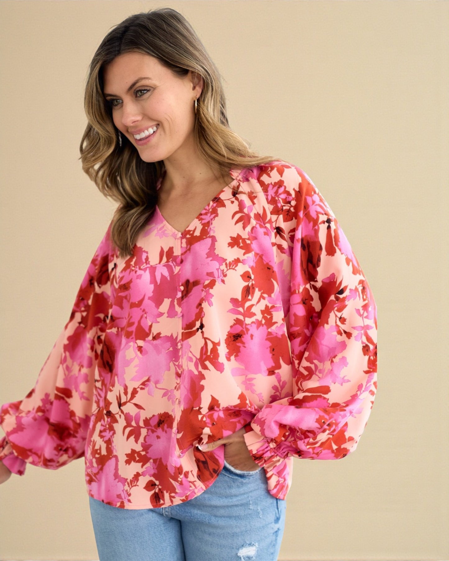 Pink & Coral Floral Button-Front Blouse