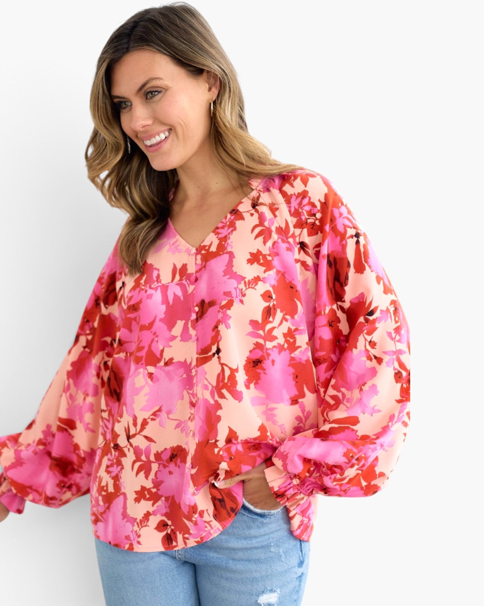 Pink Floral Balloon-Sleeve Blouse