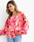 Pink Floral Balloon-Sleeve Blouse