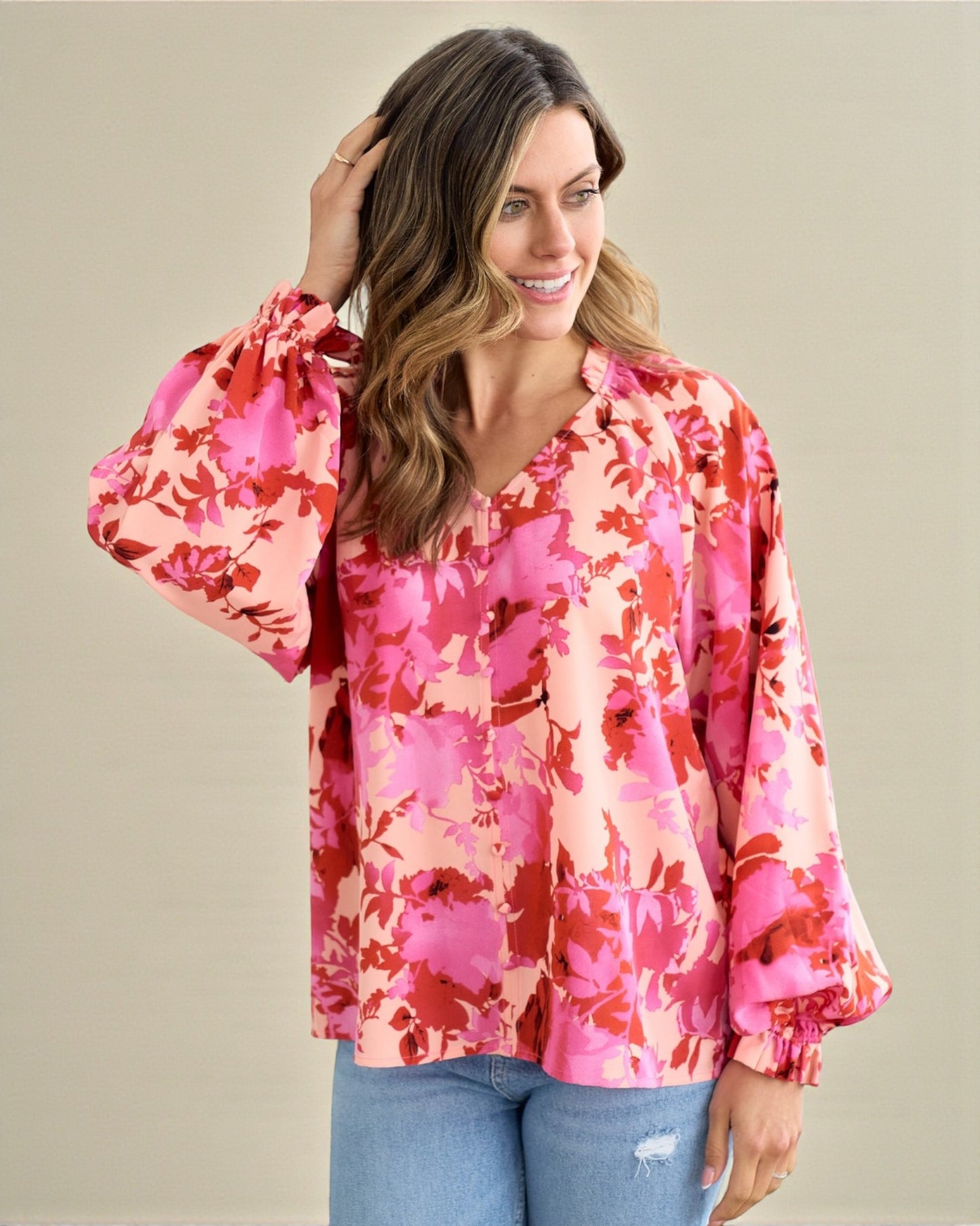 Pink & Coral Floral Button-Front Blouse