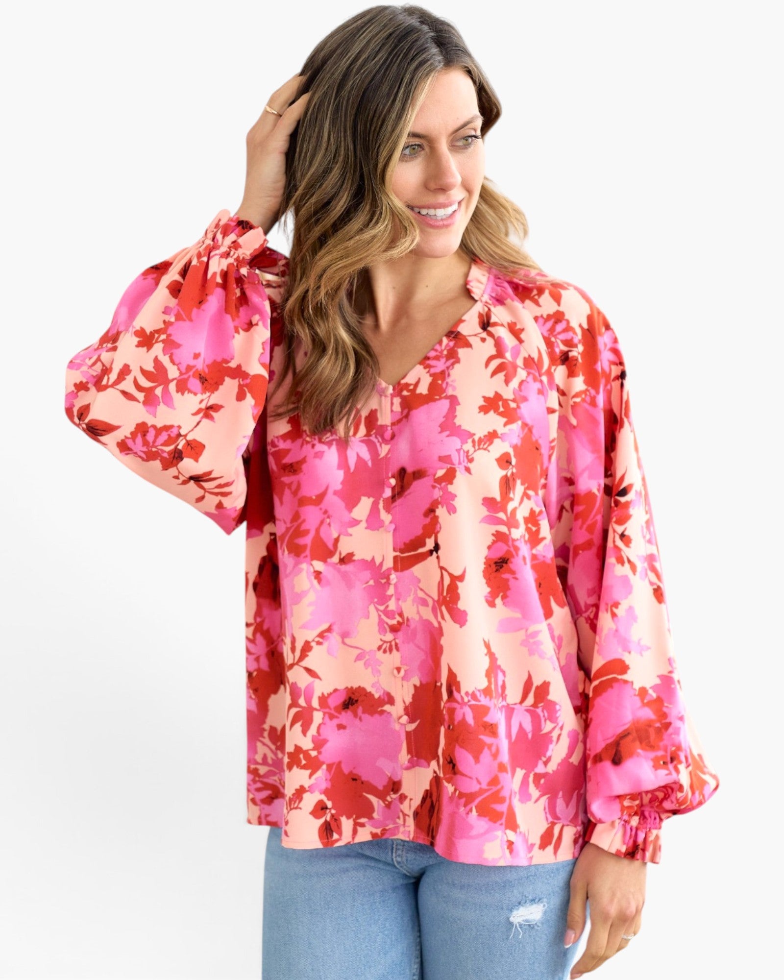 Pink Floral Balloon-Sleeve Blouse