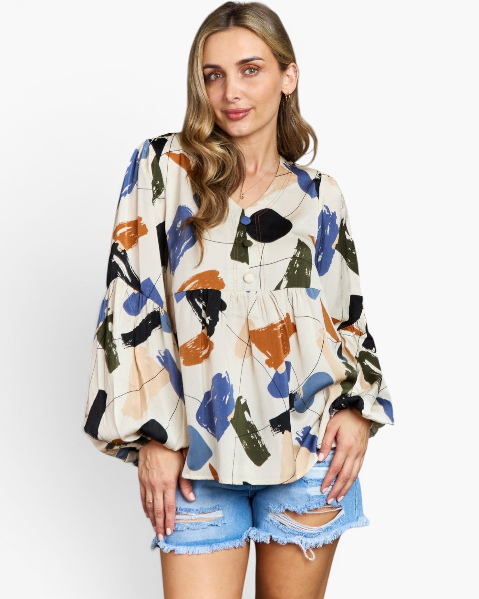 Blouse imprimée multicolore en beige